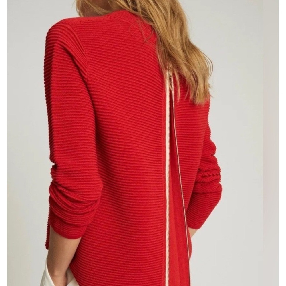 Reiss Skye Red Ribbed Wool Blend Back Zip Sweater Large
